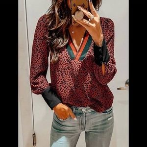 Unique V-Neck Wine Red & Black W/ Black Button Up  Cuffs Blouse